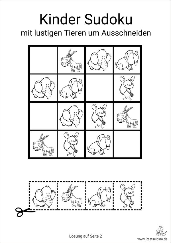 Kinder Sudoku 4x4 mit Bildern Tiere