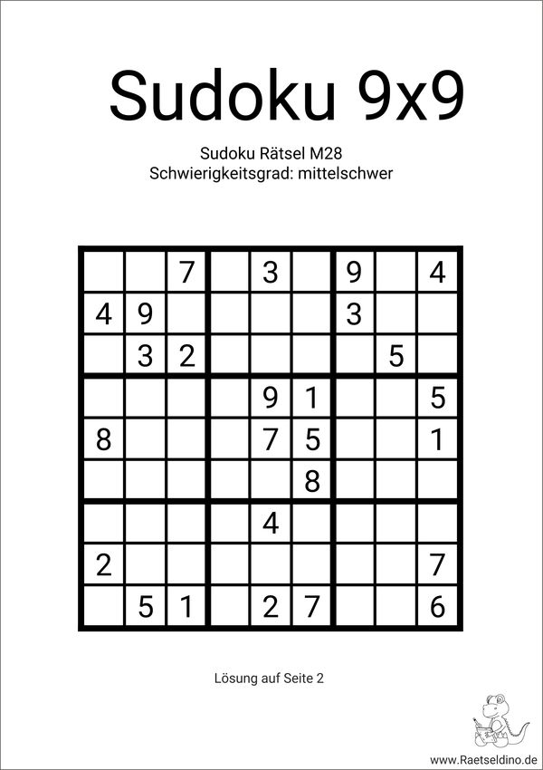 Sudoku 9x9 mittelschwer PDF Vorlage zum Herunterladen