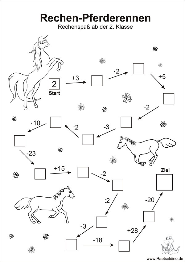Zahlenraetsel mit Pferden - Mathe Rechenaufgaben 2. Klasse