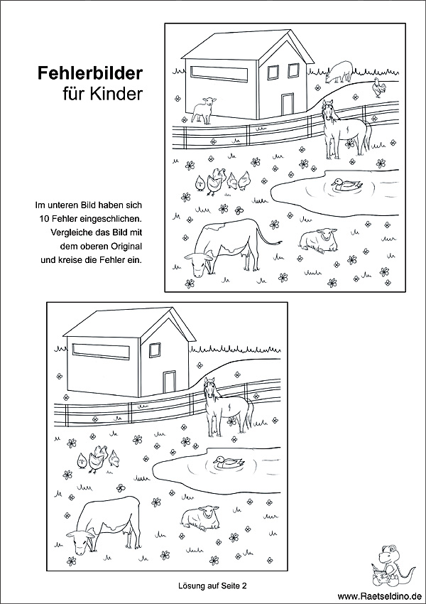 Fehlerbild für Kinder mit Tieren auf dem Bauernhof - Fehlersuche