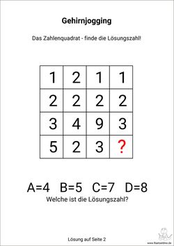 Gehirnjogging Rätsel Zahlen-Quadrat kostenlos