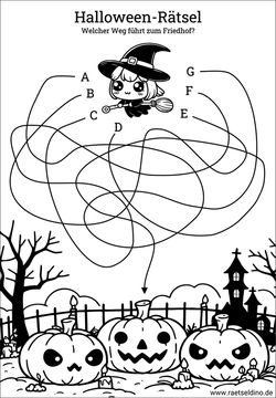 Halloween Rätsel für Kinder welcher Weg mit Lösung
