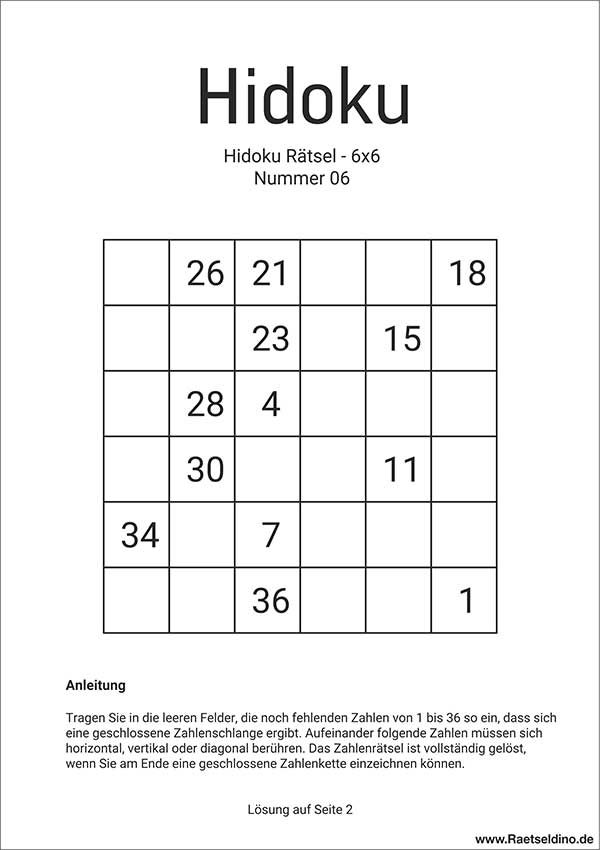 Gratis Hidoku Rätsel 6x6
