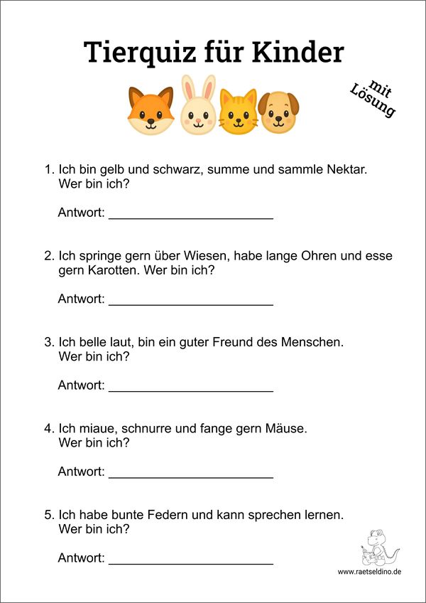 Tierquiz für Kinder ausdrucken