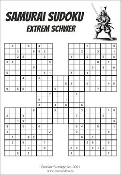Samurai Sudoku extrem schwer mit Lösung