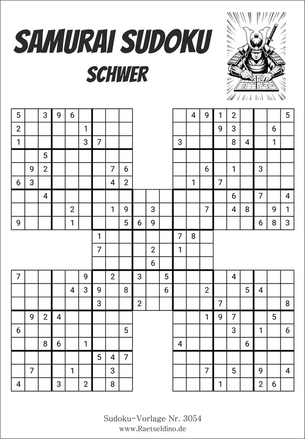 Samurai Sudoku schwer mit Lösung