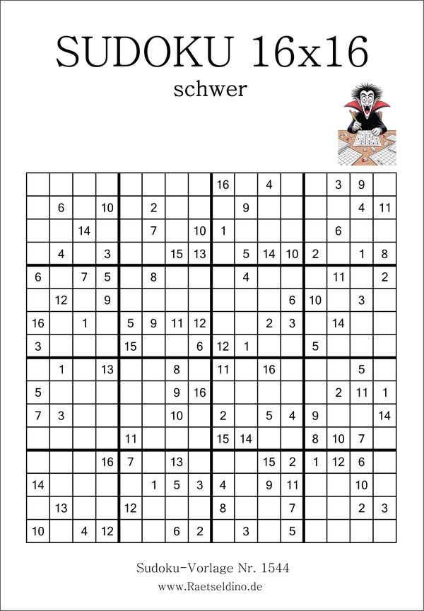 Sudoku 16x16 schwer mit Lösung als PDF