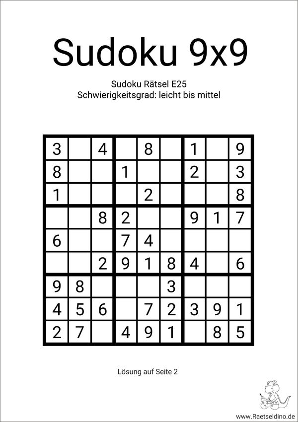Sudoku mittelleicht mit Lösung kostenlos