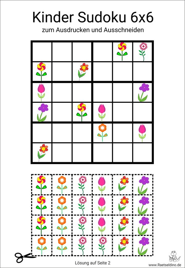 Kinder Sudoku 6x6 mit Bildern schwer mit Blumen