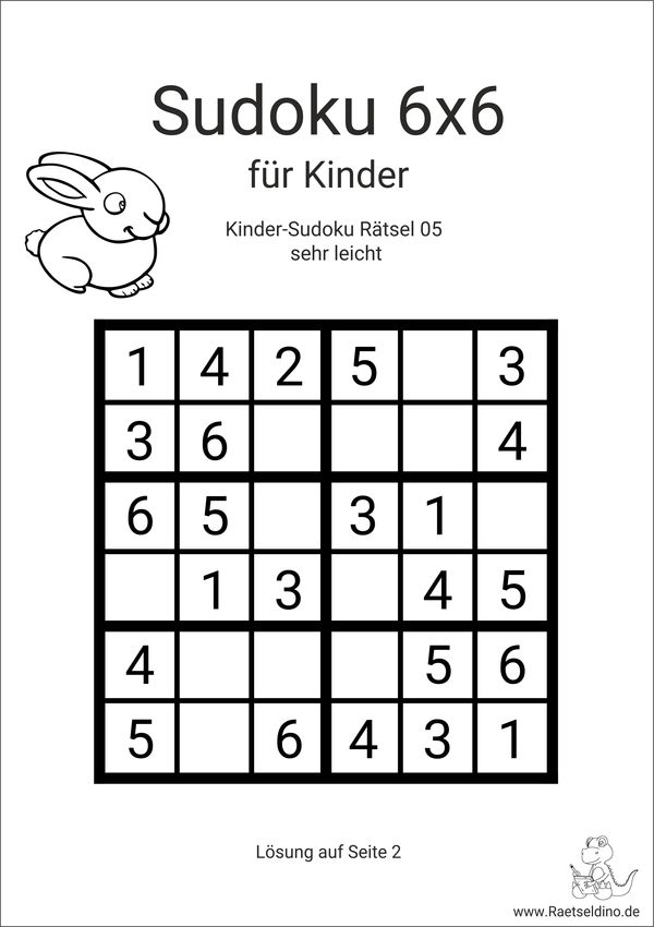 Kinder Sudoku 6x6 sehr leicht zum Ausdrucken