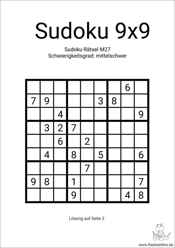 Sudoku 9x9 mittelschwer kostenloses Zahlenrätsel