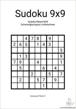 Sudoku 9x9 Schwierigkeit mittel schwer kostenlos
