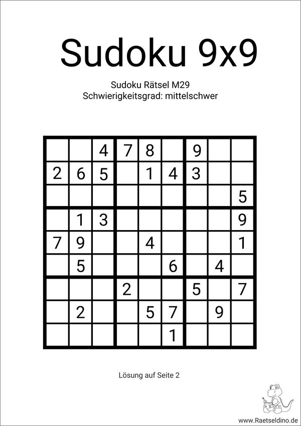 Sudoku 9x9 Vorlage mittel schwer mit Lösung