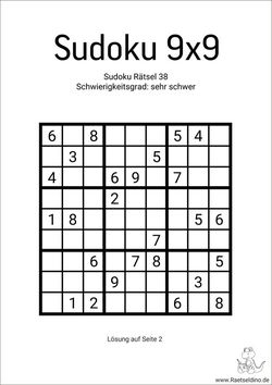 9x9 Sudoku Aufgabe schwer mit Lösung kostenlos