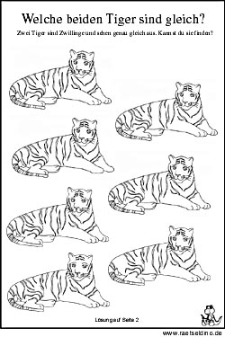 Kinderrätsel - Welche beiden Tiger sind gleich?
