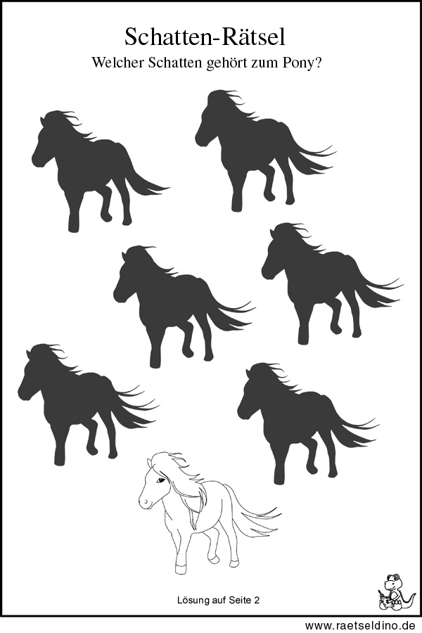 Tierrätsel - Schatten Rätsel mit einem kleinen Pony und sechs Schatten